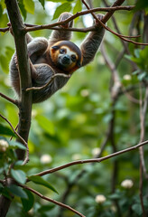 Fototapeta premium Playful sloth hanging on tree branch in nature