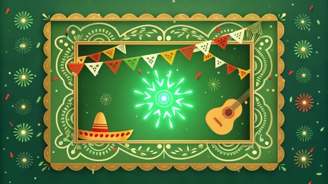 Festive Cinco de Mayo background with green sombrero guitar and fireworks