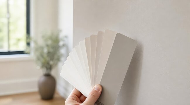 Hand holding paint fan deck against wall