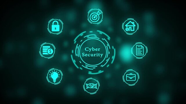 Digital infographic concept with glowing cyan representing business finance and ideas arranged in a circular pattern around a central glowing circle with letter B on a dark background