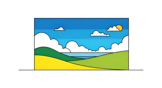 Stylized landscape illustration of rolling hills ocean and clouds under a blue sky with sun