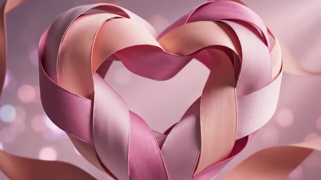 Elegant Ribbon Heart formed by interwoven pink satin on soft bokeh background, ideal for Valentine's Day or wedding themes.