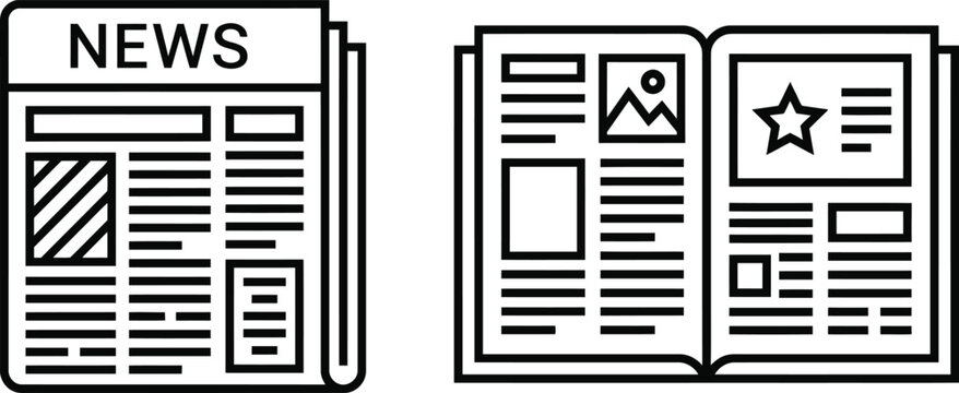 Minimalist news newspaper and journal article icons with newspaper, information