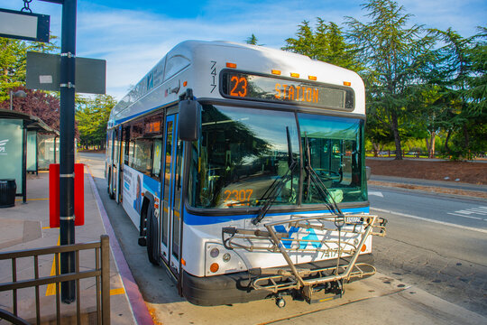 Valley Transportation Authority VTA bus Route 23 at De Anza College station in city of Cupertino, California CA, USA.