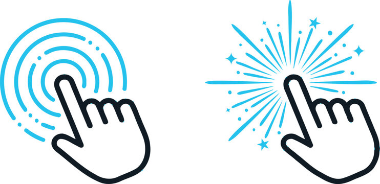 Computer cursor clicking hand icons with ripple and sparkle effect, interface