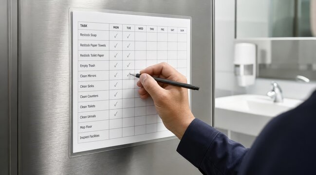 Facility manager checking cleaning schedule