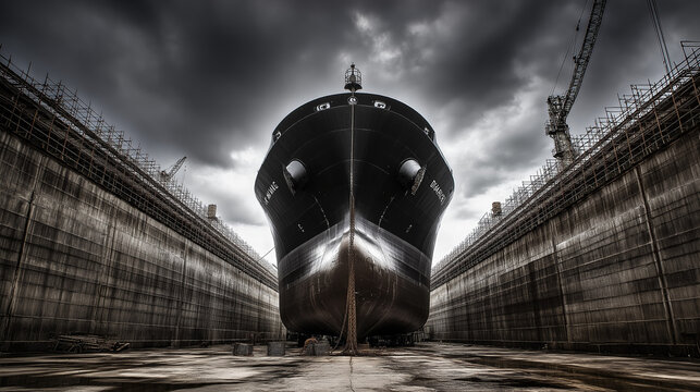 drydock. A colossal ocean freighter secured in a vast concrete drydock with scaffolding. safety posters, maintenance manuals, designed for industrial assembly lines and welding operations.