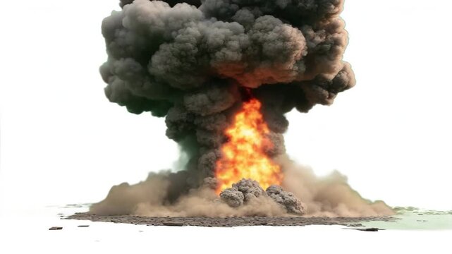 Massive nuclear explosion mushroom cloud with debris erupting against a clean white background