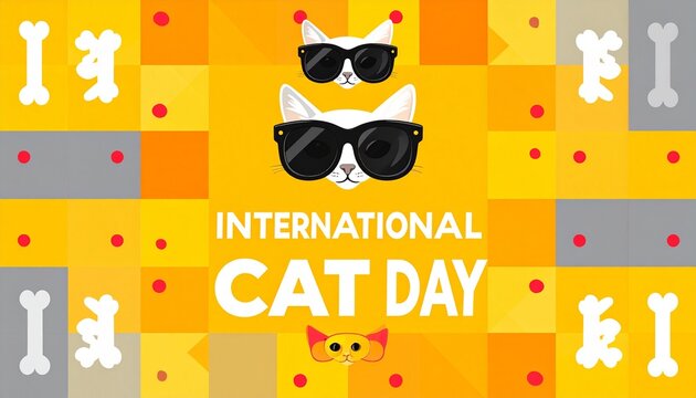 Stylized cats with sunglasses on colorful grid.