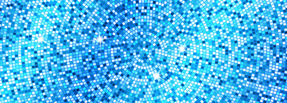 Blue disco glitter bg with cyan, turquoise mosaic square tiles. Iridescent azure flecks, white sparkle specks in radial halftone grid. Vector Wallpaper for glamour party or dance floor banner.