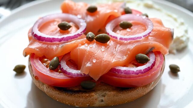 Gourmet Smoked Salmon Bagel with Tomato, Red Onion, and Capers, ideal for breakfast menus or food blogs.
