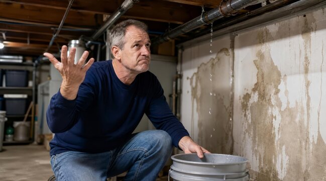 Homeowner fixing basement ceiling leak