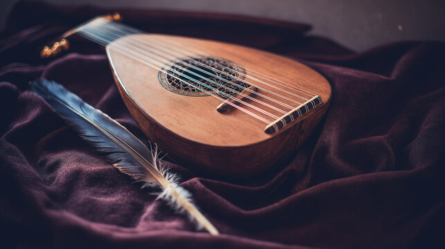 lute. Medieval lute resting on velvet cloth with a feather tucked in its case. event programs, museum guides, designed for cultural heritage projects and event programs, supports education.