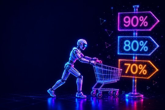 Cyborg shopping with neon signs indicating ninety and eighty percent off sales. futuristic neon summer sale & mid year sale, shopping, discount. futuristic neon summer sale & mid year sale