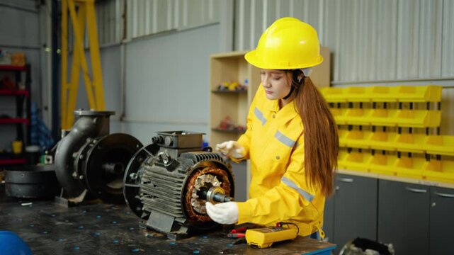 Caucasian female electrical engineer in yellow safety uniform and hardhat meticulously repairs large heavy industrial electric motor stator on a metal workbench inside a modern manufacturing workshop