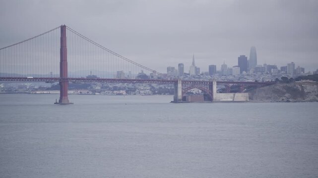 Misty Golden Gate Bridge Wide View with San Francisco Skyline On Overcast Day