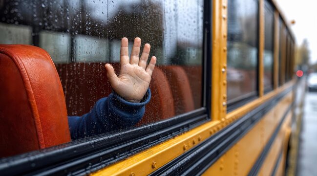 Child hand on school bus window