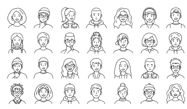 Modern teen youth avatar outline icon set with adolescent student characters diverse faces and casual hairstyles