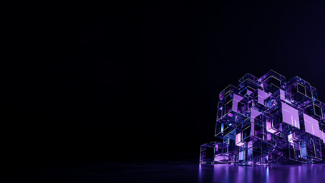 Futuristic Abstract 3D Render of Glowing Purple Glass Cubes on Dark Background