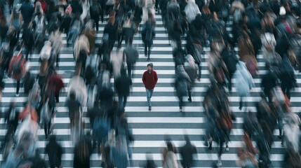 Obraz premium Busy city crosswalk with blurred pedestrians in motion while one calm individual walks through, symbol of confidence and peace, cinematic luxury advertising style, strong negative space