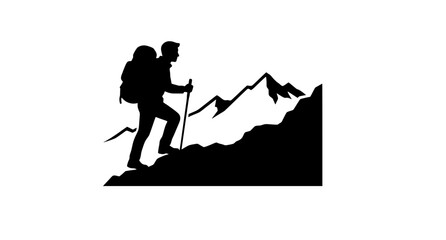 Fototapeta premium Hiker climbing steep mountain peak with backpack and trekking poles in landscape