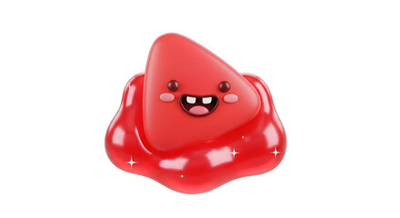 Fototapeta premium Cute 3D red play button icon character with happy face on glossy liquid blob