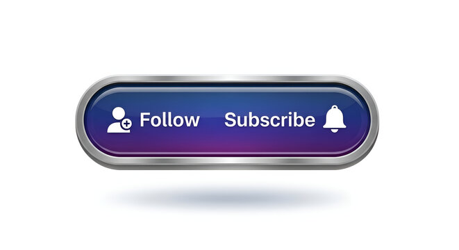 Social media button with icons for follow and subscribe with a notification bell and metallic frame