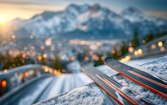 Scenic Snowy Ski Ramp with Skis Ready for Nordic Combined Jumping Adventure