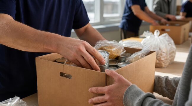 Volunteer hands giving food donation to recipient