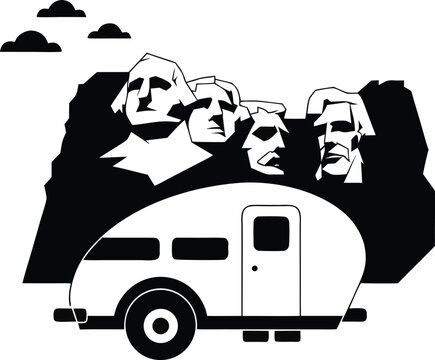 Vintage camper, Mount Rushmore monument, iconic presidential faces, black and white vector illustration, travel, tourism, road trip