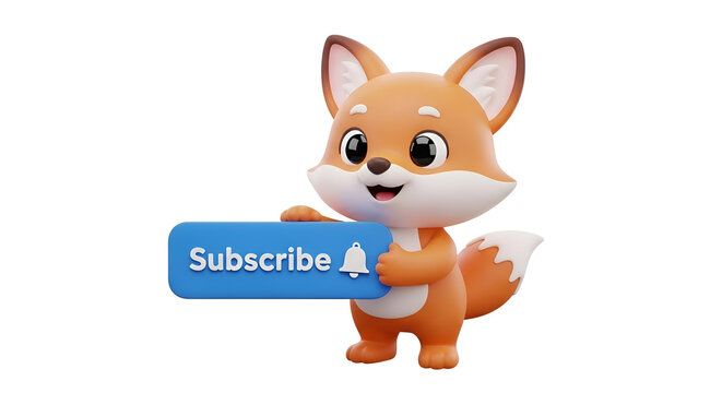 Cute 3D cartoon fox character holding a blue ""Subscribe"" button with a notification bell icon