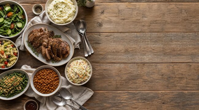 Potluck food on rustic wooden table