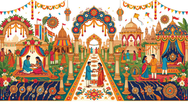 Raksha Bandhan celebration with siblings and traditional Indian festival decorations