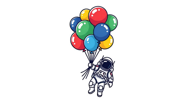 Cartoon astronaut floating in space holding a bunch of colorful balloons vector illustration