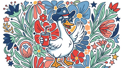Fototapeta premium cheerful goose holding red cup in garden with flowers and summer icons vector illustration