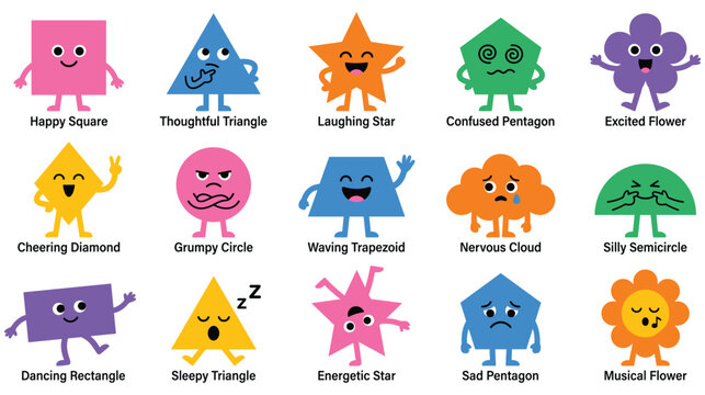 Happy square, thoughtful triangle, and other cartoon shapes set.