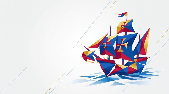 A modern geometric low-poly 3D render style illustration of an explorer ship with red cross symbols on blue sails, isolated on a clean white background with abstract diagonal lines and copy space.