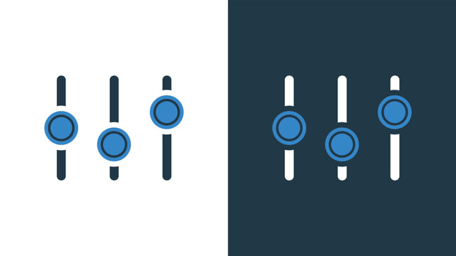 Audio mixer console with faders vector icon set on light and dark background.