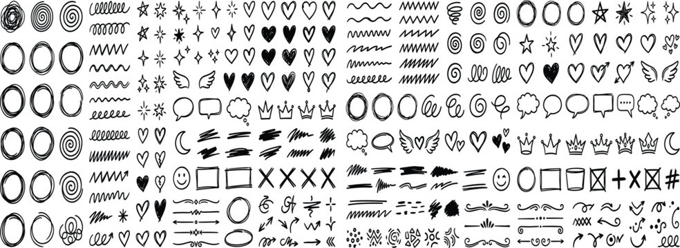 Vector set of grungy graphic elements. Street art texture hand drawn pencil underlines and strikethrough, scribble emphasis lines, crazy hatches, ovals and crosses. Each element is united and big set