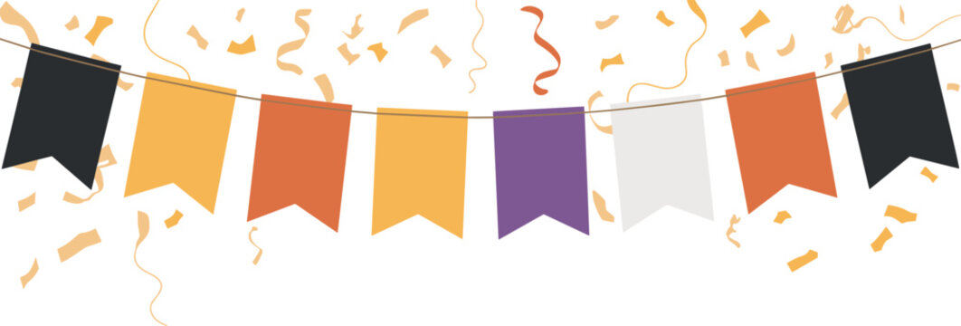 Celebration bunting garland vector banner with colorful hanging triangle flags and golden confetti background decoration