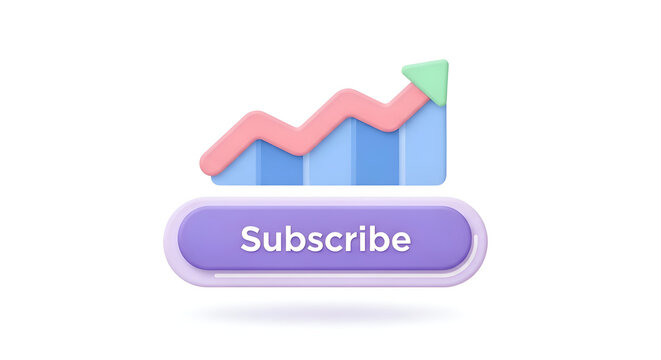 3D render of a trending graph with an upward arrow and a purple subscribe button