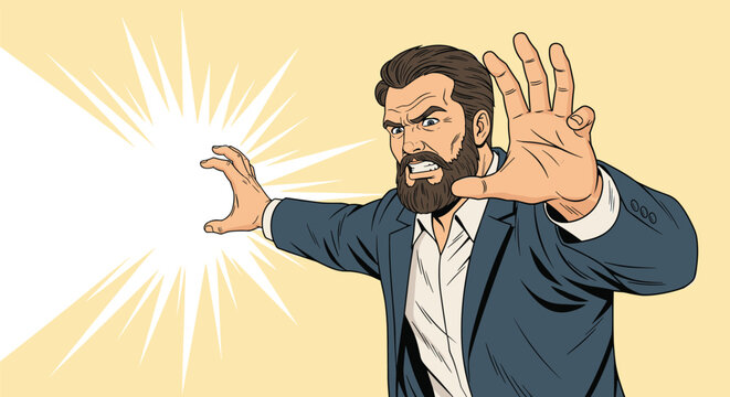 Bearded man in a blue suit looks angry and pushes forward with his hands to stop or repel something against sunburst background.