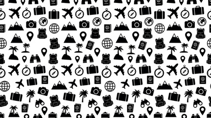 Obraz premium seamless travel pattern featuring vacation and adventure icons on a white background ideal for digital design.
