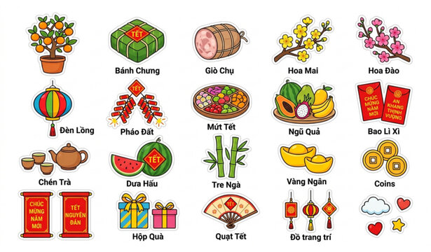 Cute Vietnam tet festival sticker pack with banh chung lucky money and apricot blossom
