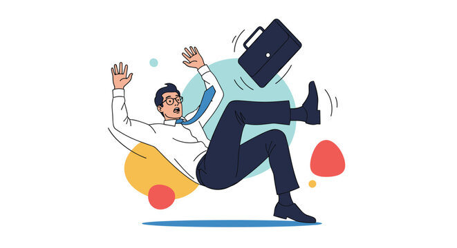 Businessman in white shirt and tie falls backwards with a briefcase flying through the air on colorful background.