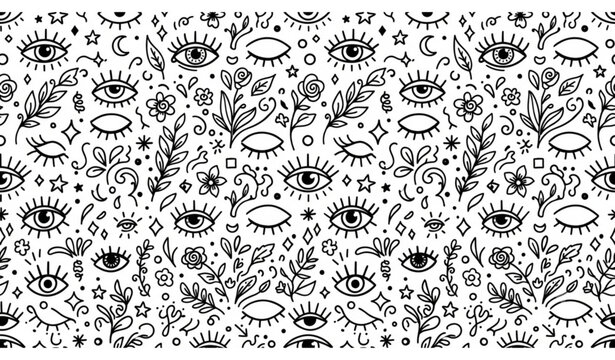 Monochrome Seamless Eye Pattern Vector with Ink Drawn Eyelashes Decorative Ornament and Minimal Surface Design