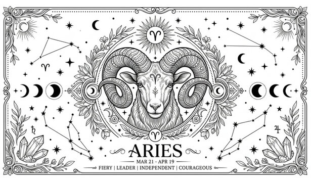 Aries zodiac sign horoscope concept illustration with ram head, constellations and mystical moon phases.