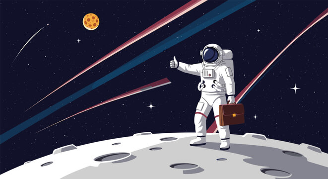 Hitchhiking astronaut with a brown briefcase stands on the moon surface while giving a thumbs up towards the stars.