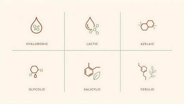 AI Generated Skincare Ingredient Icons Set Hyaluronic Lactic Azelaic Butyric Salicylic Ferulic Line Art
