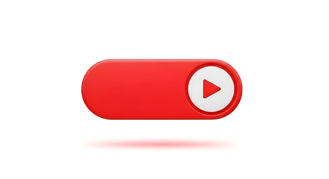 Red rounded button with white play icon symbol on isolated white background 3D render